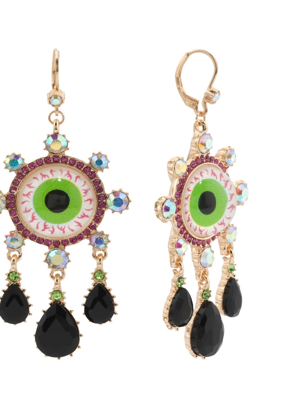 Betsey Johnson Gold-Tone Green Eye Drop Earrings with Black Teardrops